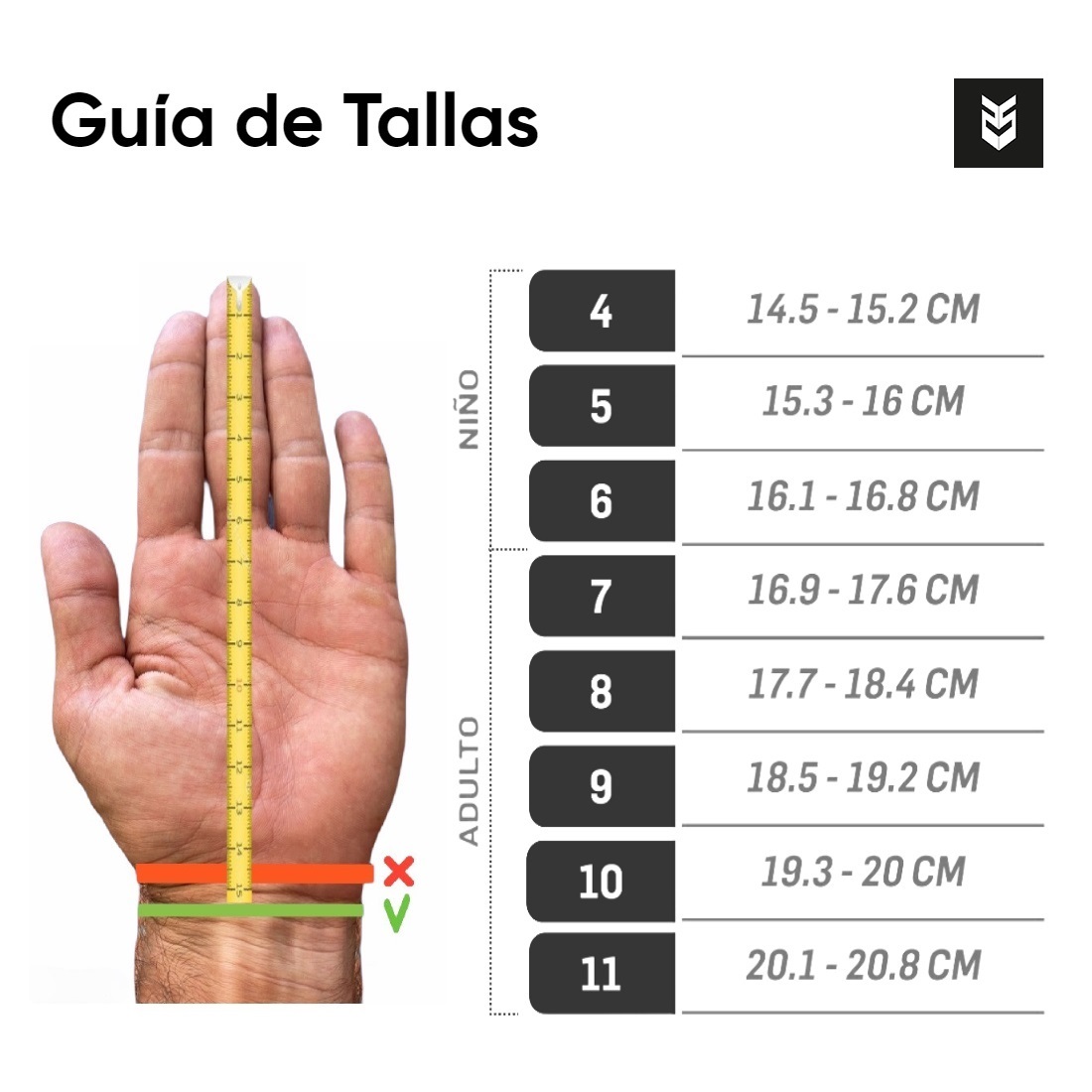 guia de tallas guantes adidas